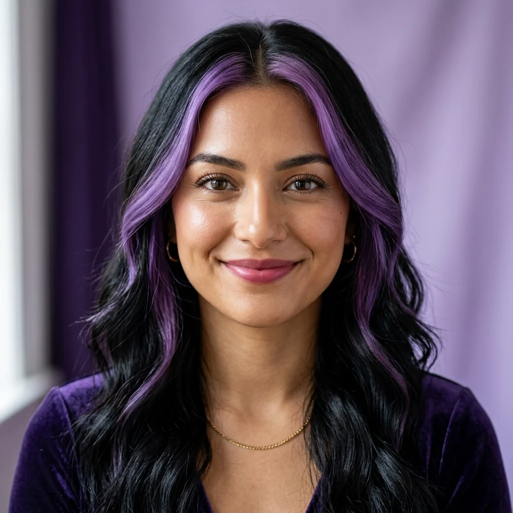 12. Purple Face-Framing Money Pieces on Black Hair