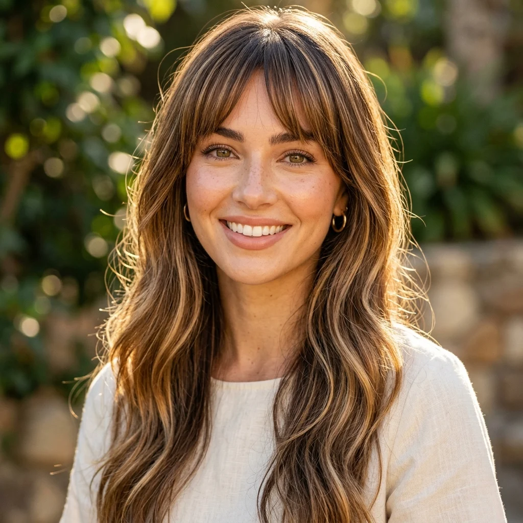 15. Layered Bangs with Balayage