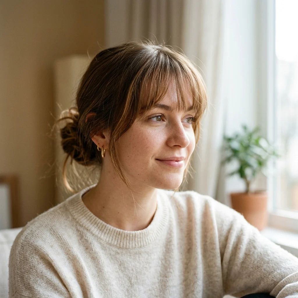 16. Low-Maintenance Wispy Bangs for Busy Mornings
