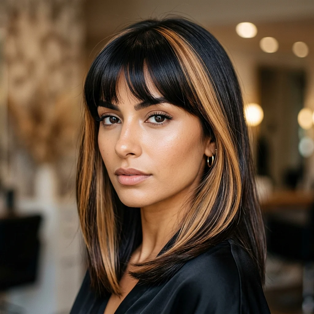 17. Dark Bangs with Money-Piece Highlights
