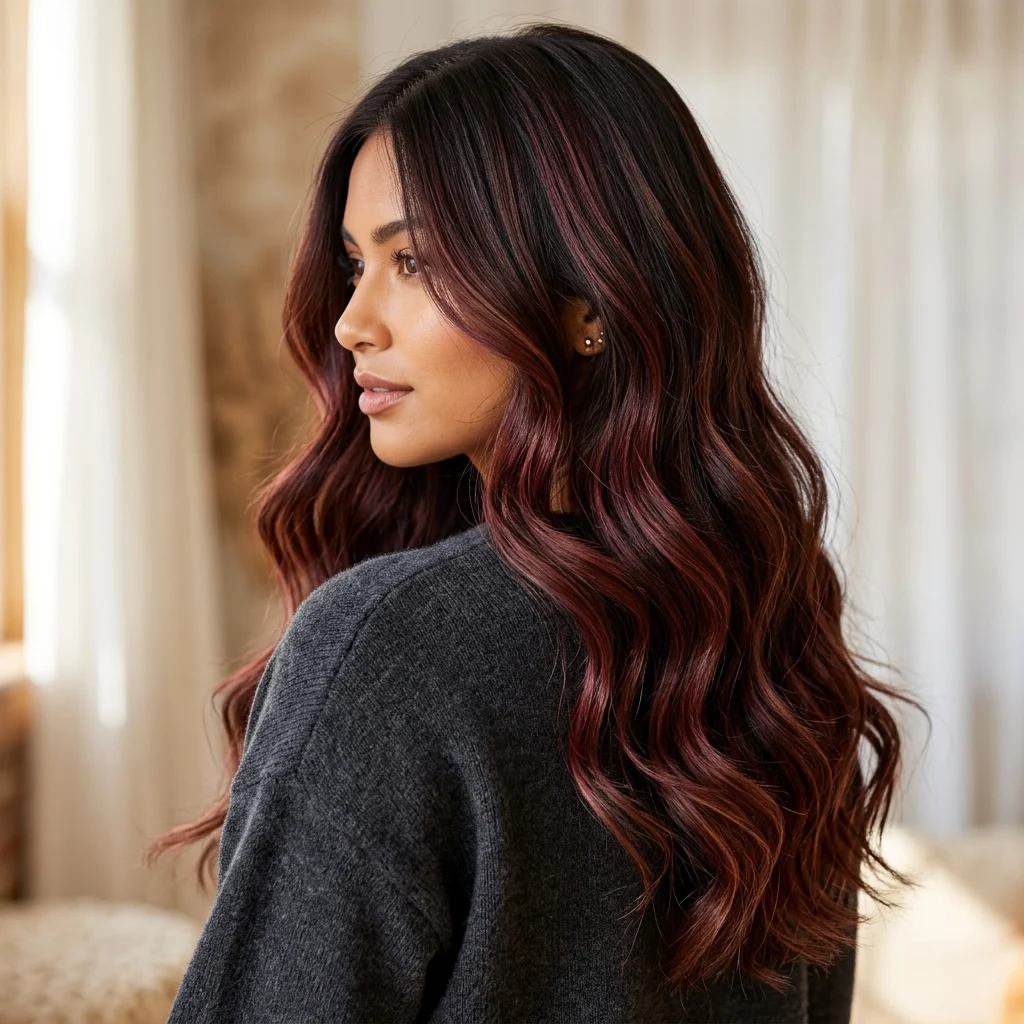 2. Maroon Balayage Over a Dark Brown Base