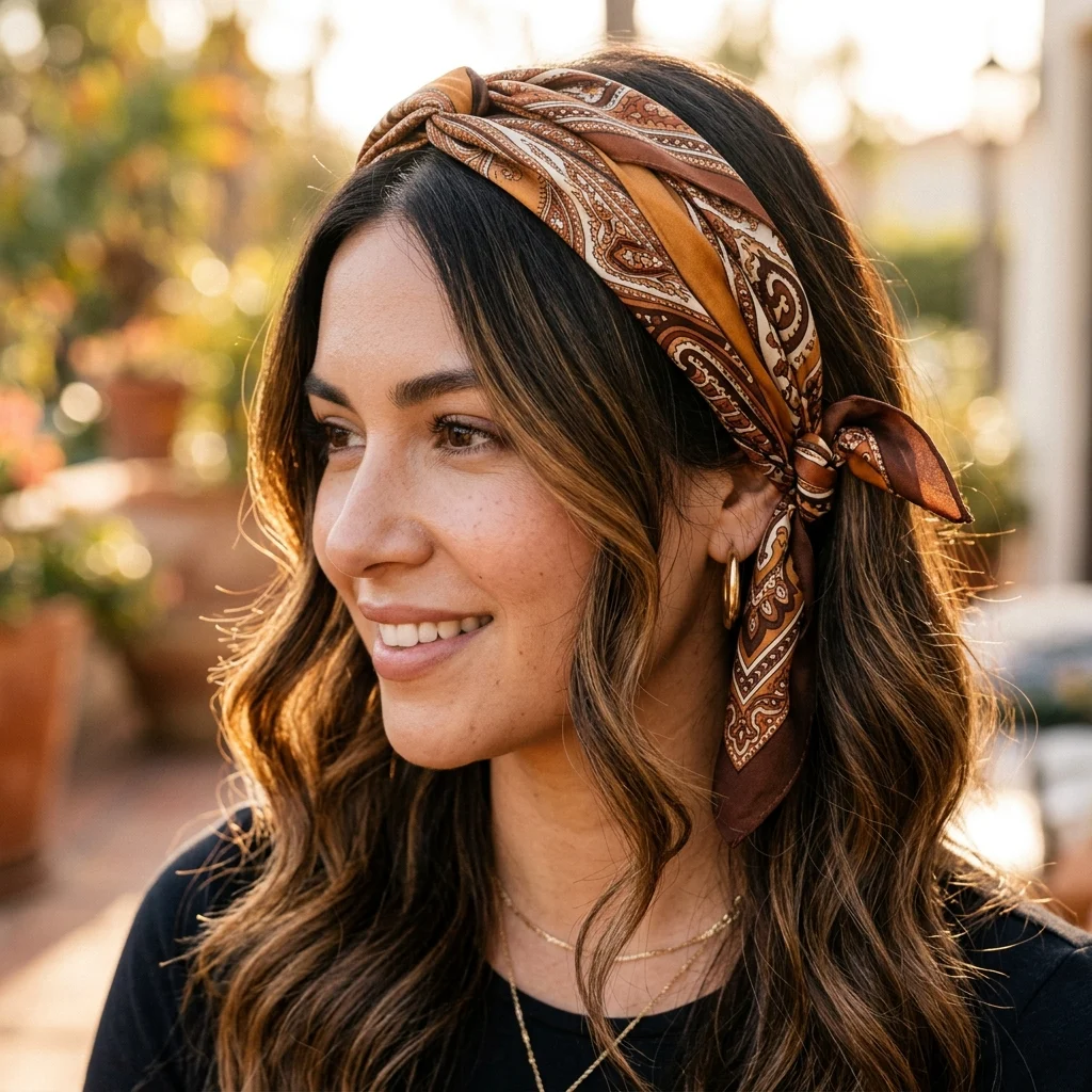 20. Silk Scarf Styling for Caramel Tones