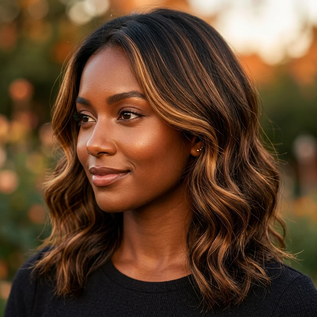 24. Caramel Balayage for Deep Skin Tones