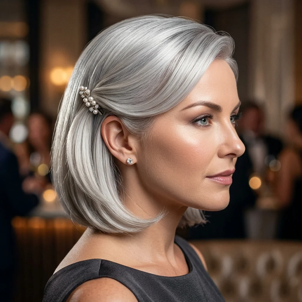 24. Formal Smooth Bob with Pinned Crop Bangs