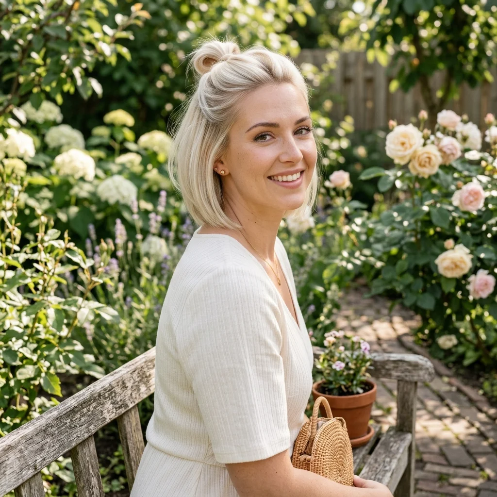24. Half-Up Pearl Blonde Stacked Bob for Summer Heat