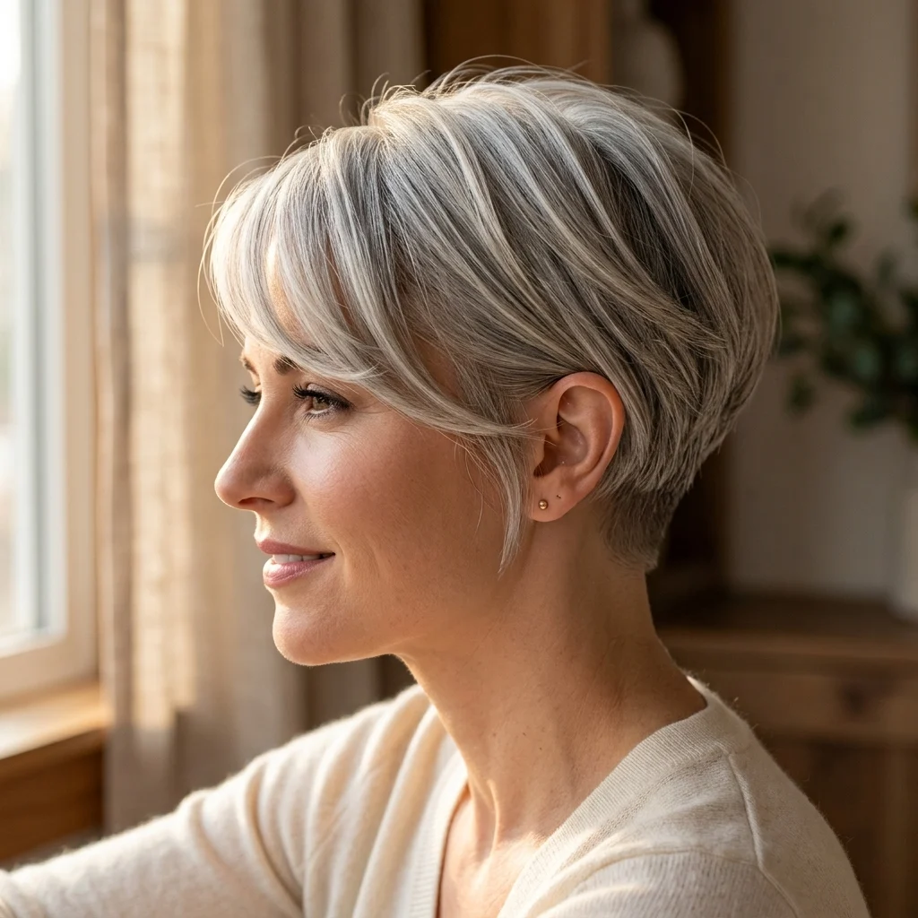 3. Long Layered Pixie with Side Swept Bangs