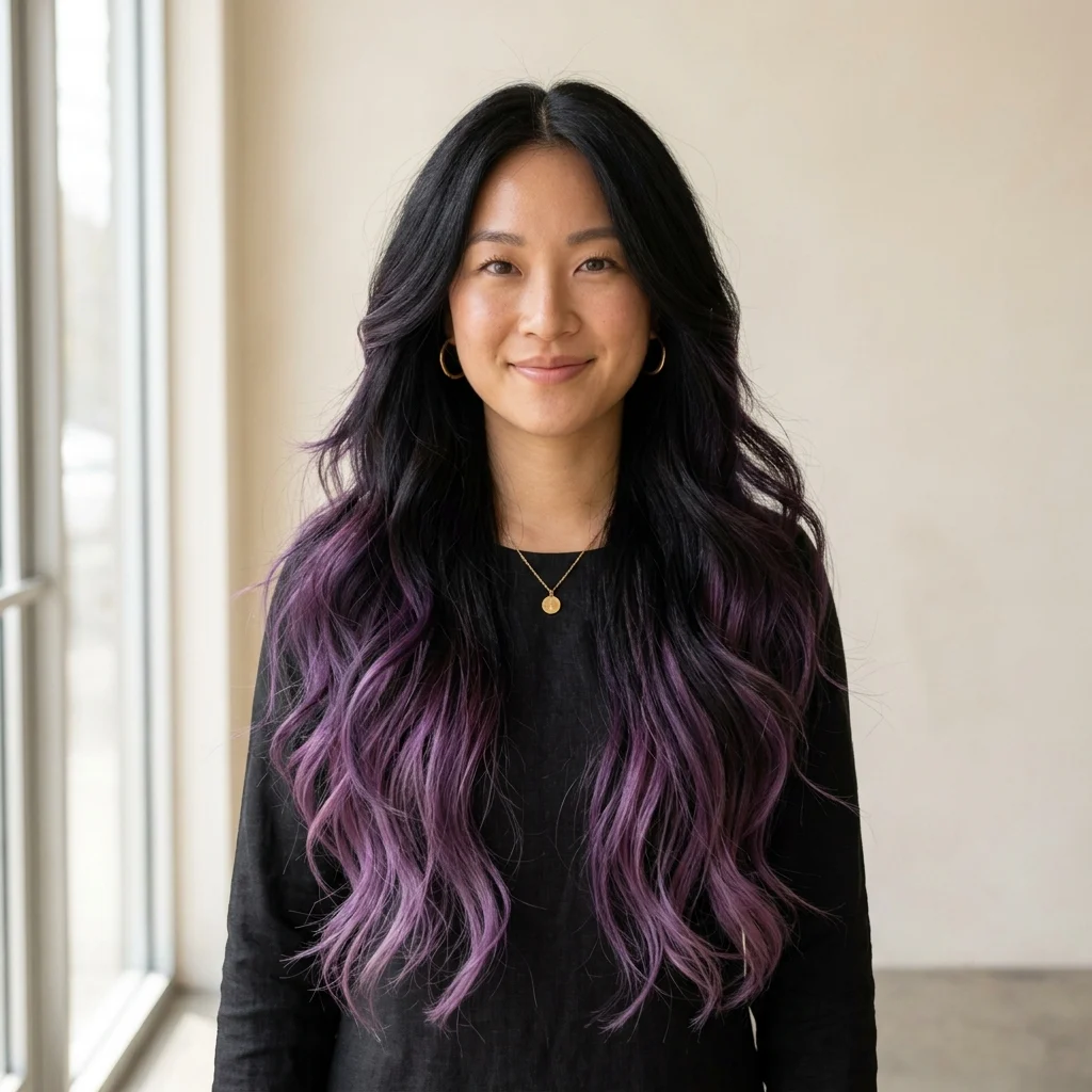 4. Long Layers with Purple Balayage Over Black Base