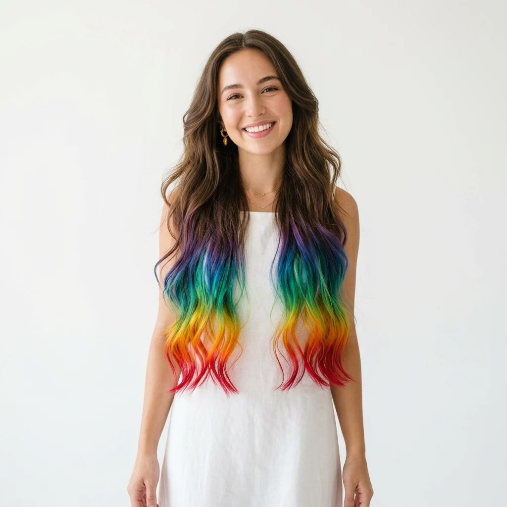 4. Waist-Length Layers with Multicolor Rainbow-Dipped Ends
