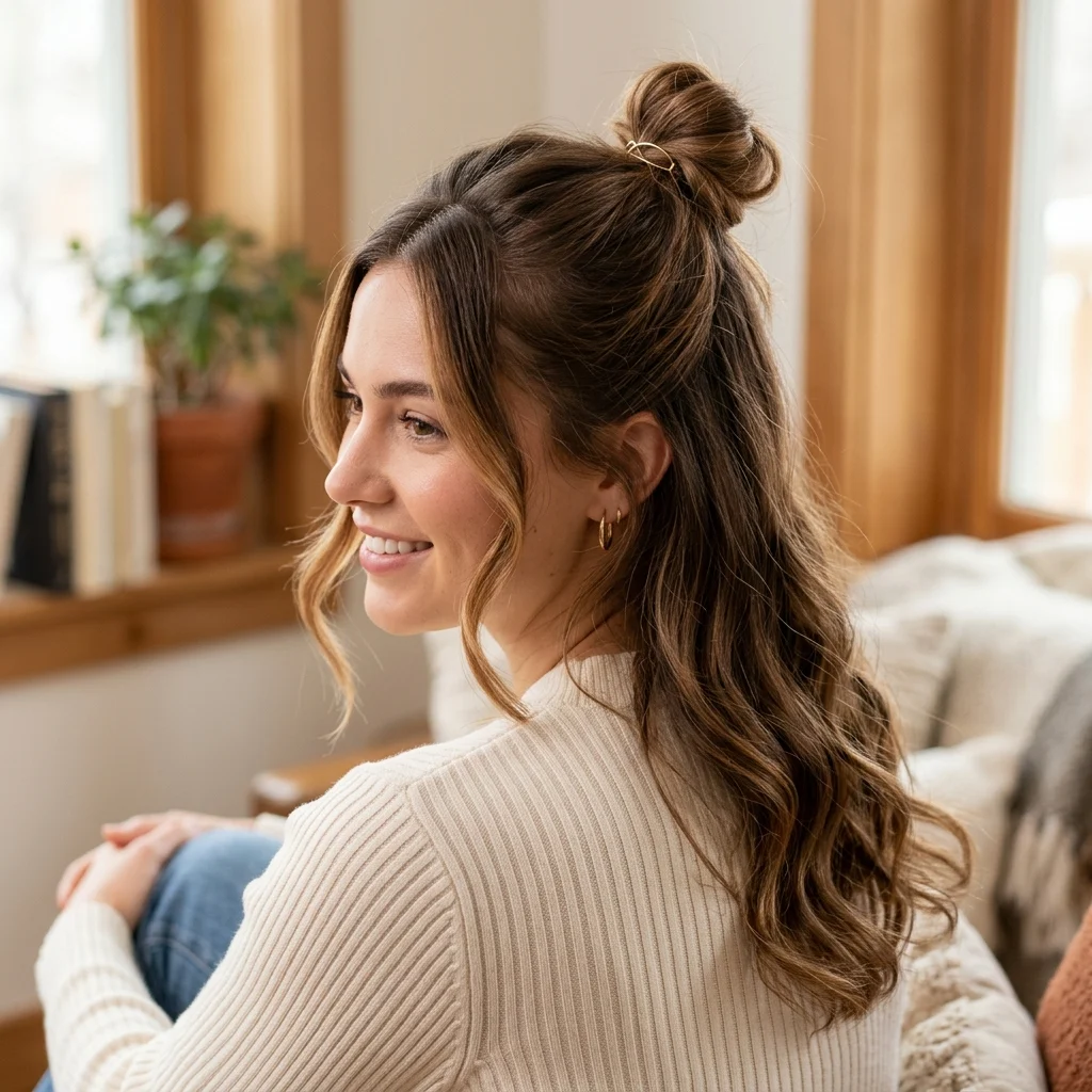 5. Half-Up Top Knot With Loose Face-Framing Pieces
