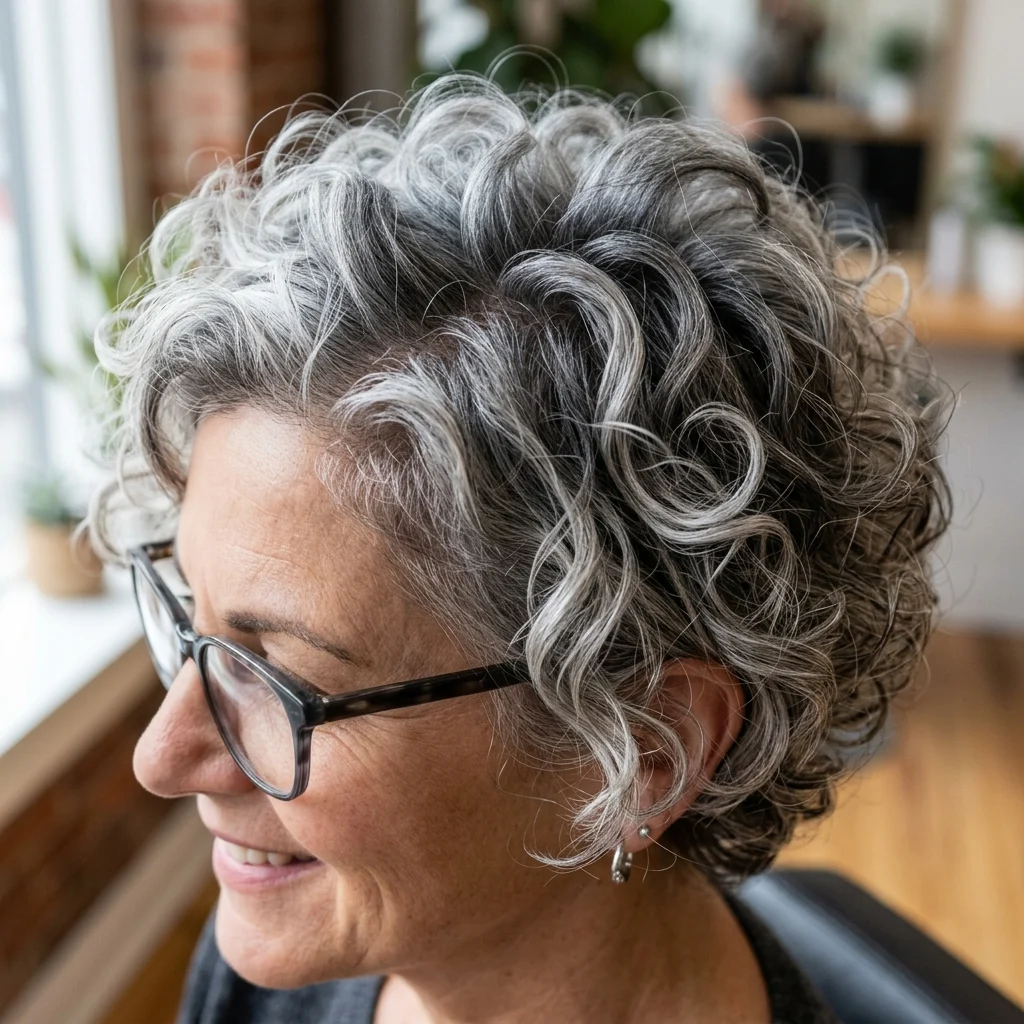 6. Charcoal Root Shadow into Silver Curls (COLOR)