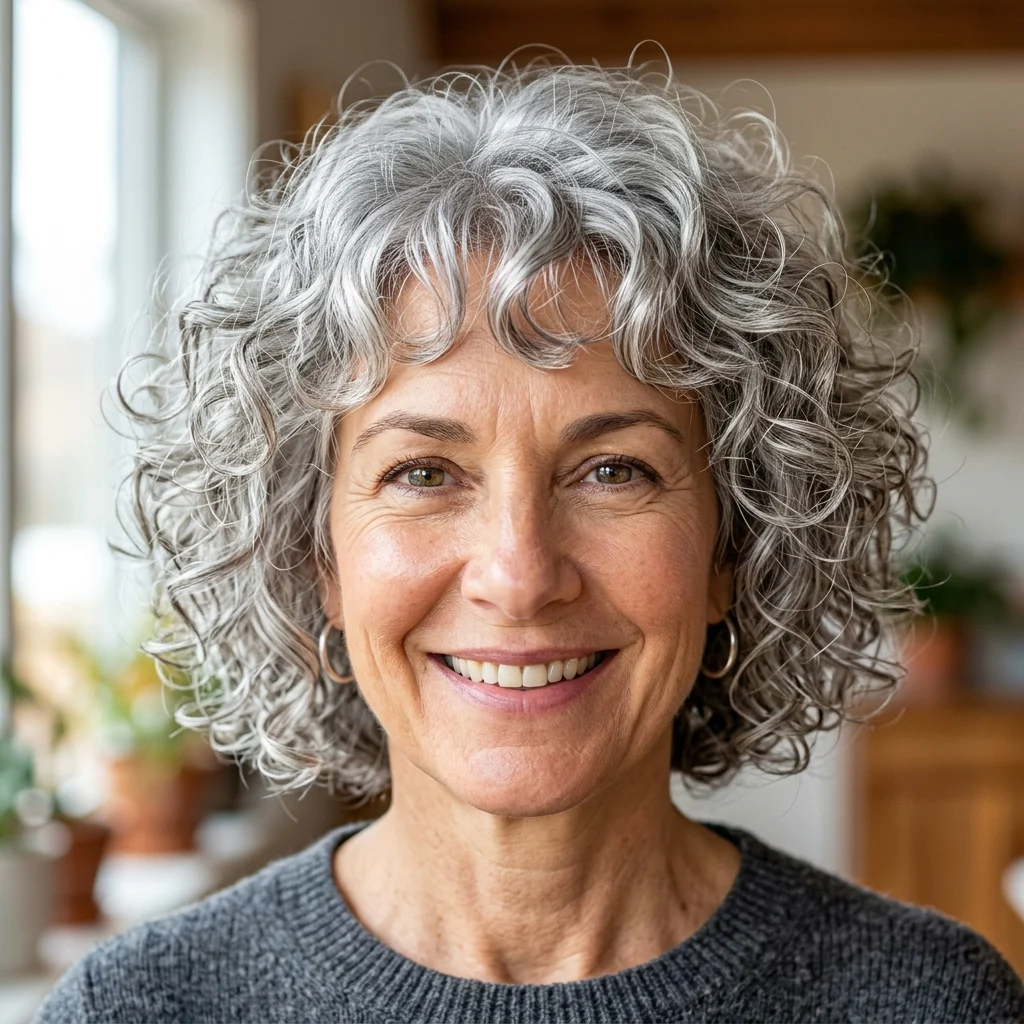 7. Curly Silver Textured Bob