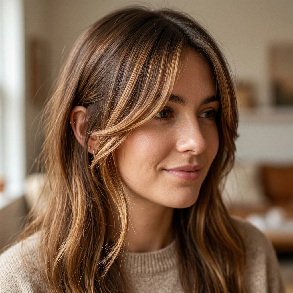 7. Long Layers with Curtain Bangs