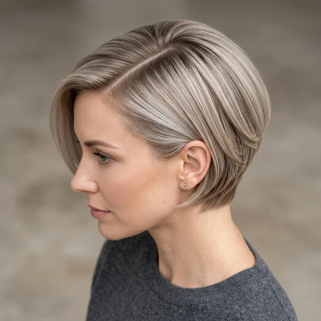 8. Defined Side Part Ash Blonde Styling