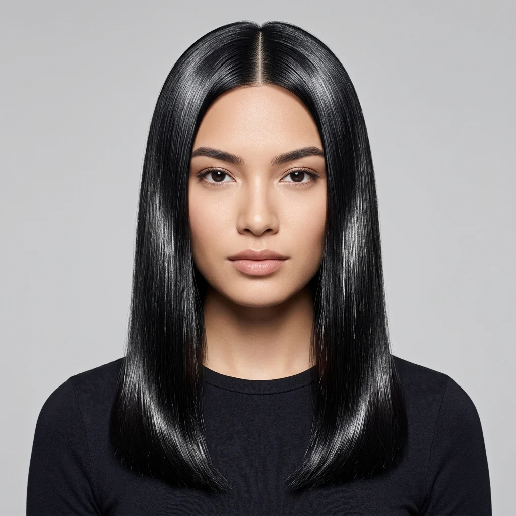 8. Glossy Pin-Straight Center Part with Razor-Sharp Symmetry