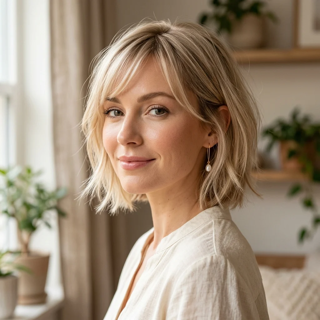 8. Side-Swept Wispy Fringe for Oval Faces