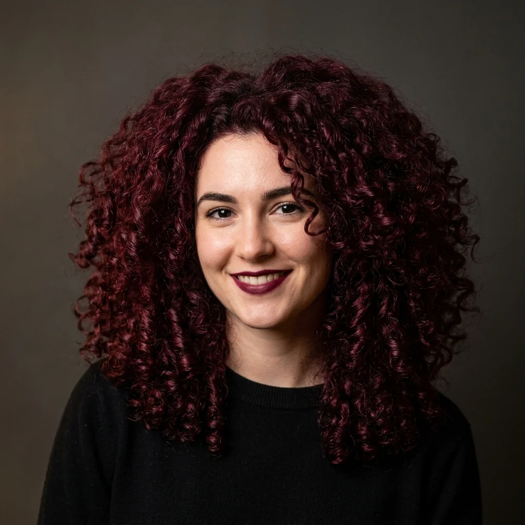 9. Burgundy Full Color on Curls (COLOR)