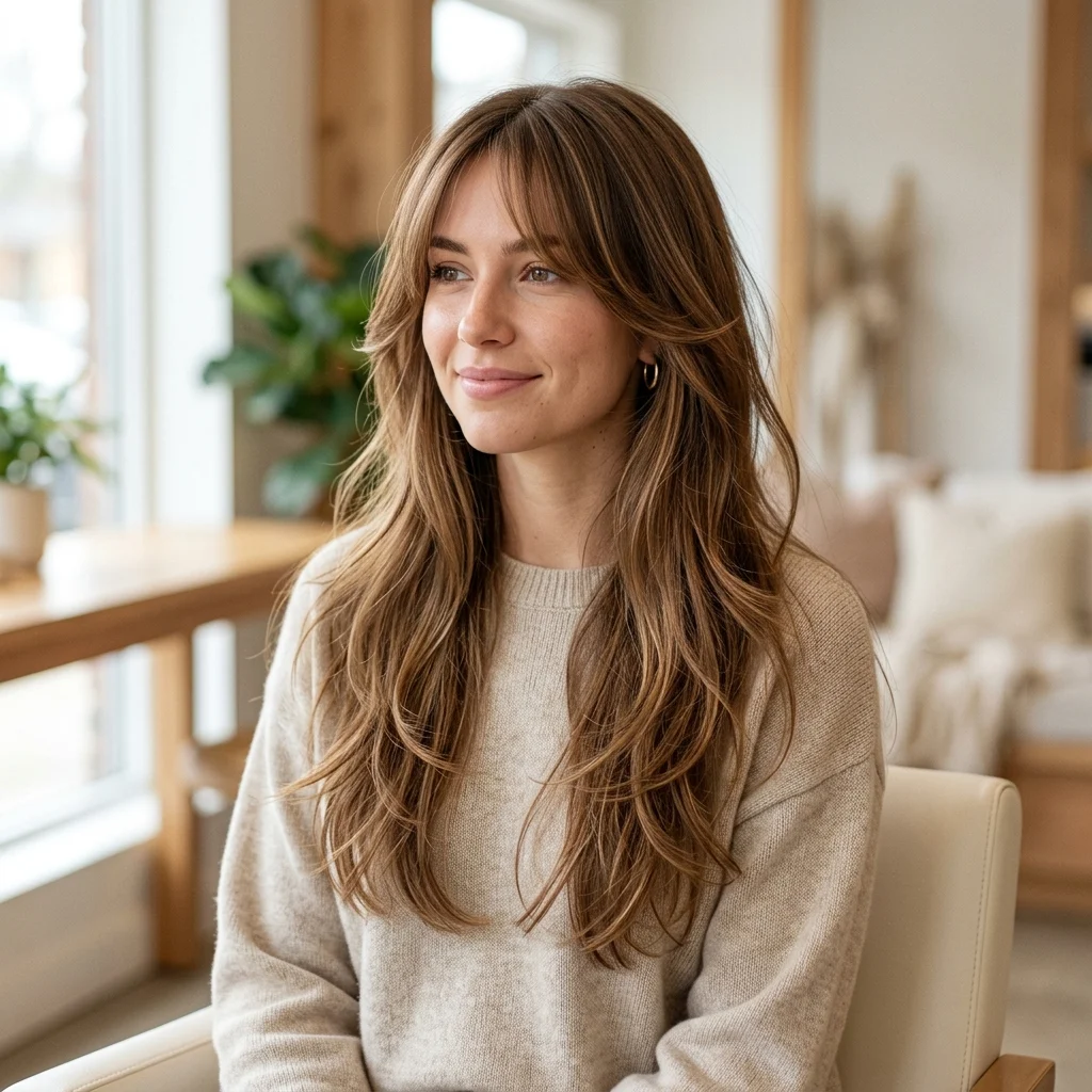 9. Grown-Out Bangs Styled as Face-Framing Layers