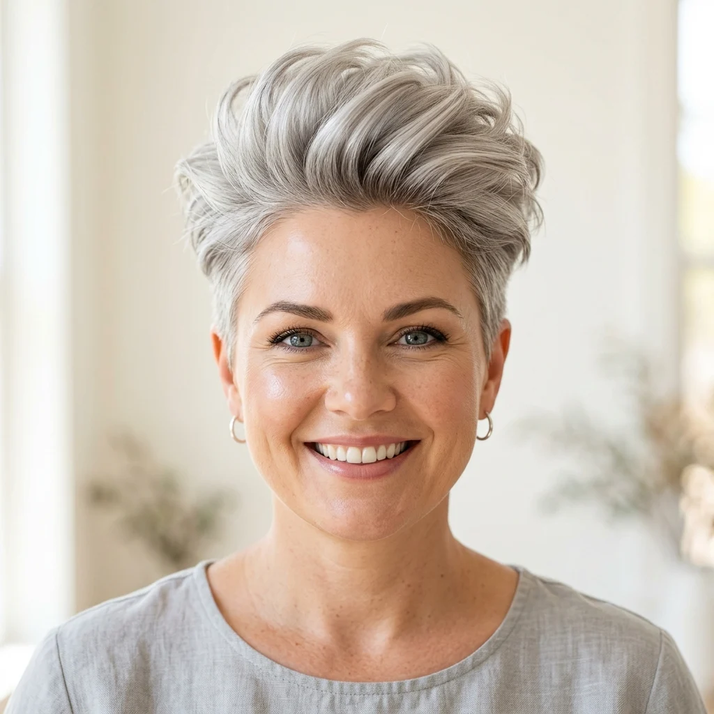 9. Voluminous Crown Pixie for Round Faces