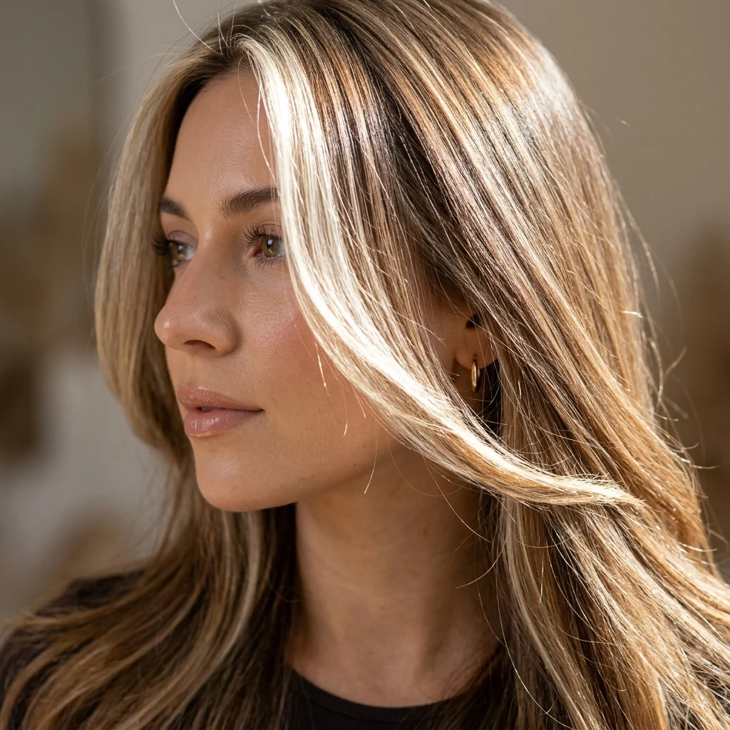 9. Face-Framing Highlights That Catch Overhead Light