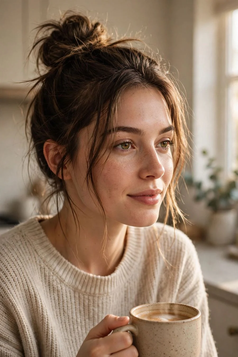 Messy Top Knot with Face-Framing Strands